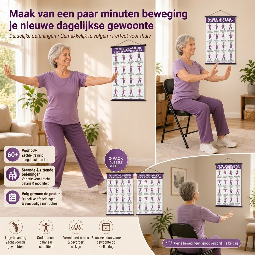 Tai chi stoeloefeningen posters voor senioren set van 2