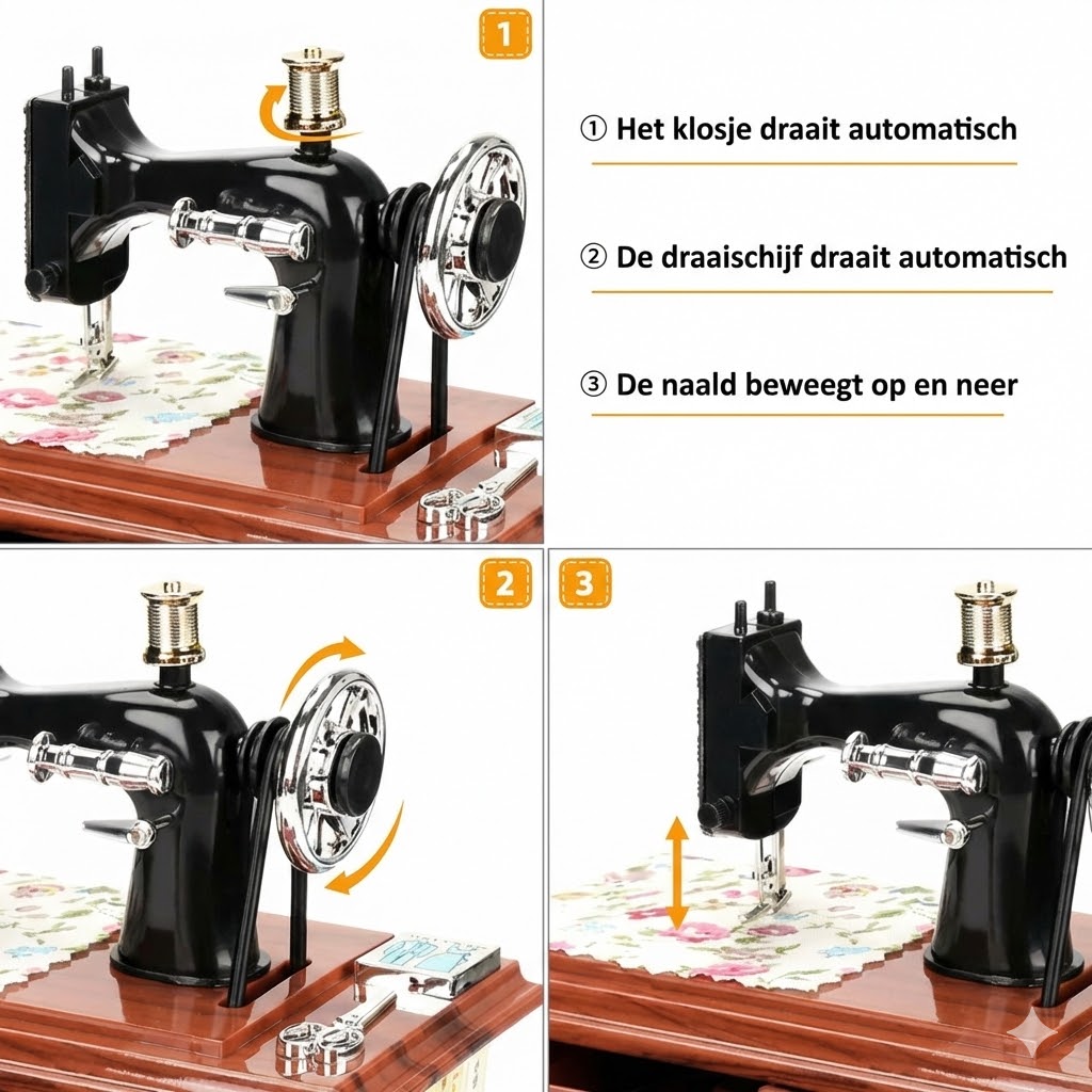 Houten mini-naaimachine muziekdoosje