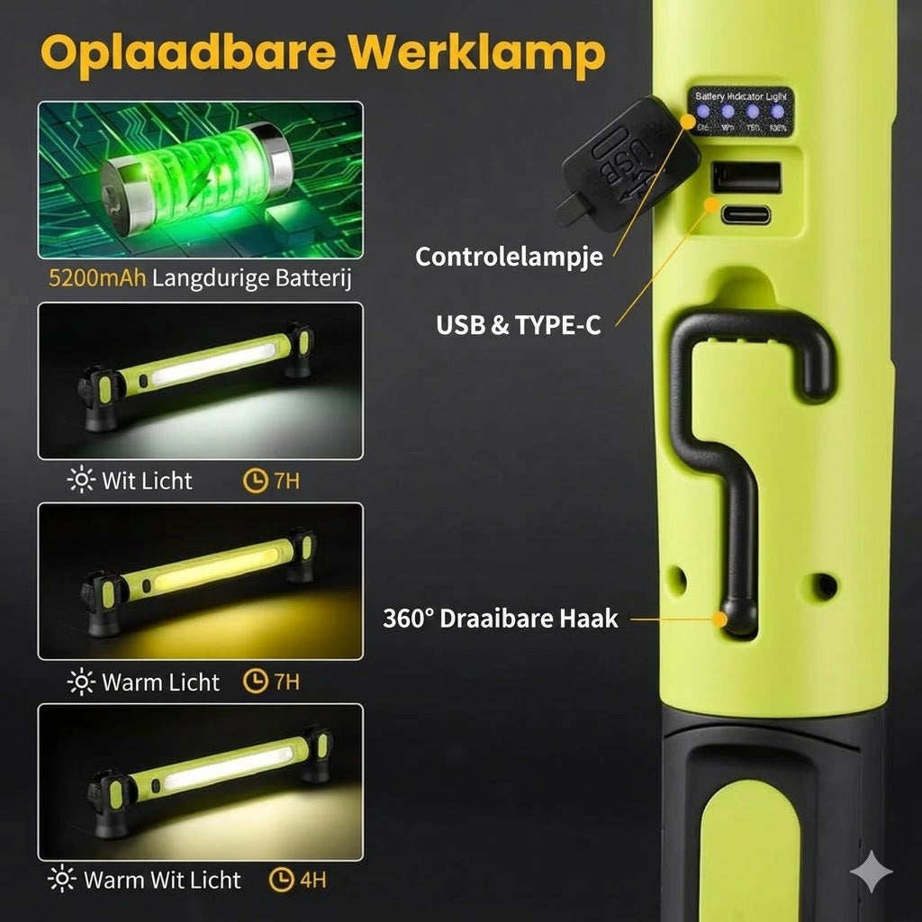 Oplaadbare Werkverlichtingsbalk – 3000LM, IPX4 Waterdicht & 360° Haak!