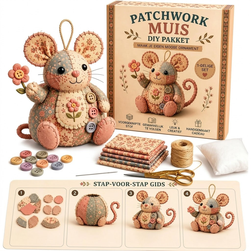 Complete DIY-set voor een patchworkmuis - Inclusief alle materialen
