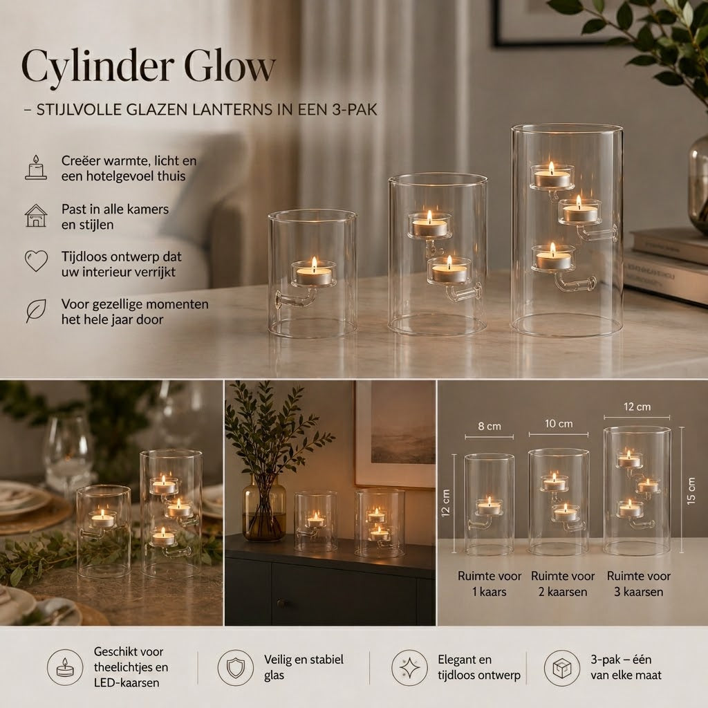 Glazen cilinder windlichten set van 3