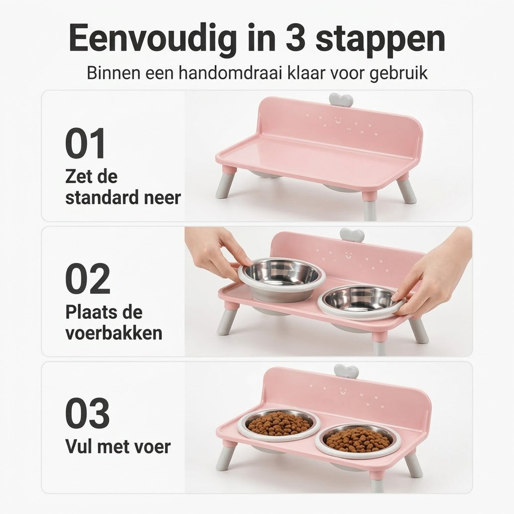 Verhoogde dubbele voerbak voor katten en honden met RVS bakjes