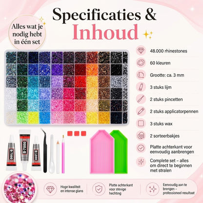 Bedazzle strass steentjes set met 48000 stuks in 60 kleuren