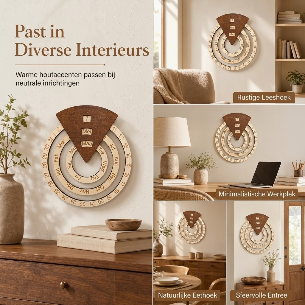 Ronde draaibare houten eeuwigdurende kalender