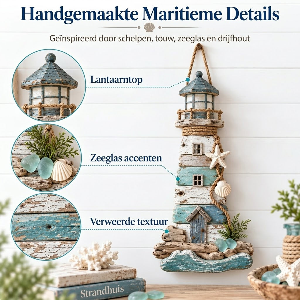 Drijfhout vuurtoren wanddecoratie in kuststijl