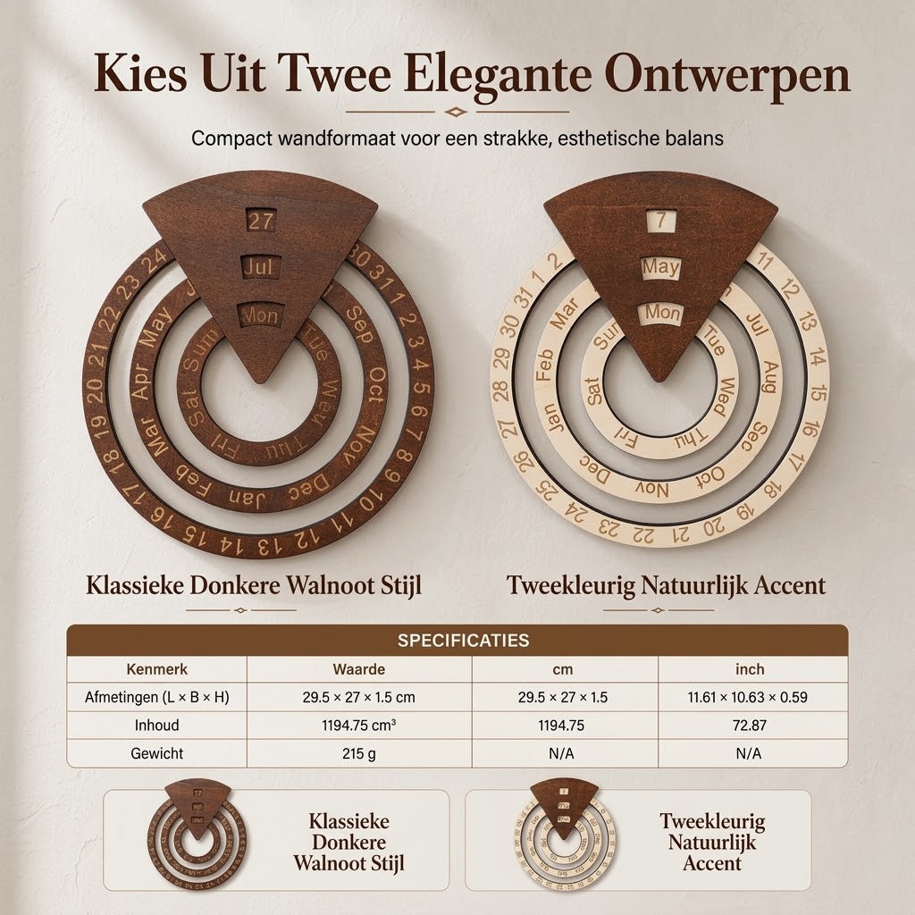 Ronde draaibare houten eeuwigdurende kalender