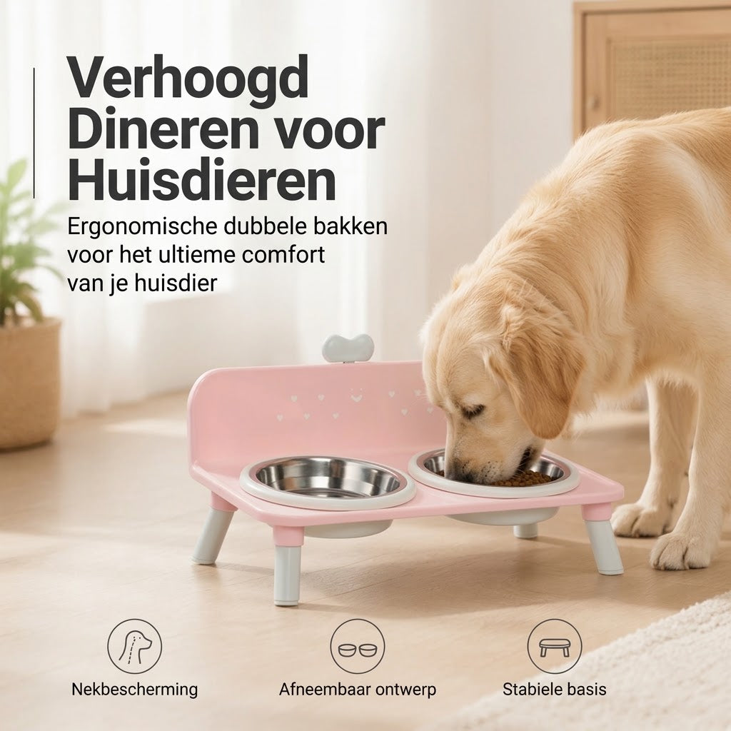 Verhoogde dubbele voerbak voor katten en honden met RVS bakjes
