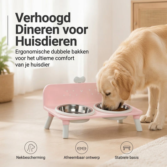Verhoogde dubbele voerbak voor katten en honden met RVS bakjes