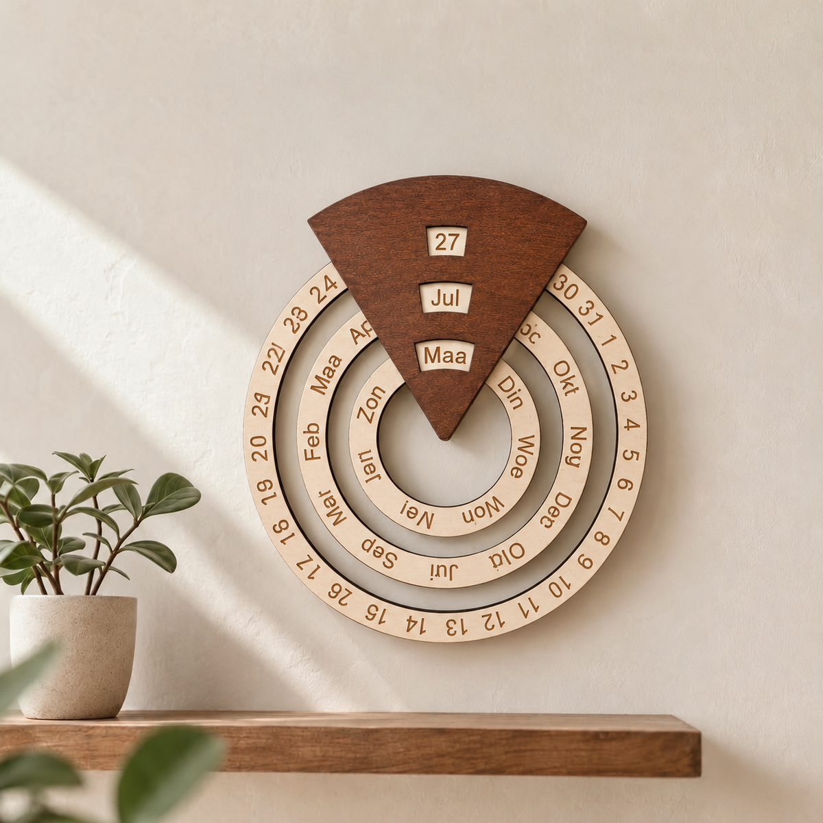 Ronde draaibare houten eeuwigdurende kalender