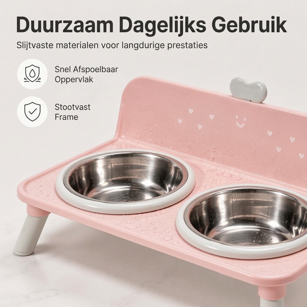 Verhoogde dubbele voerbak voor katten en honden met RVS bakjes