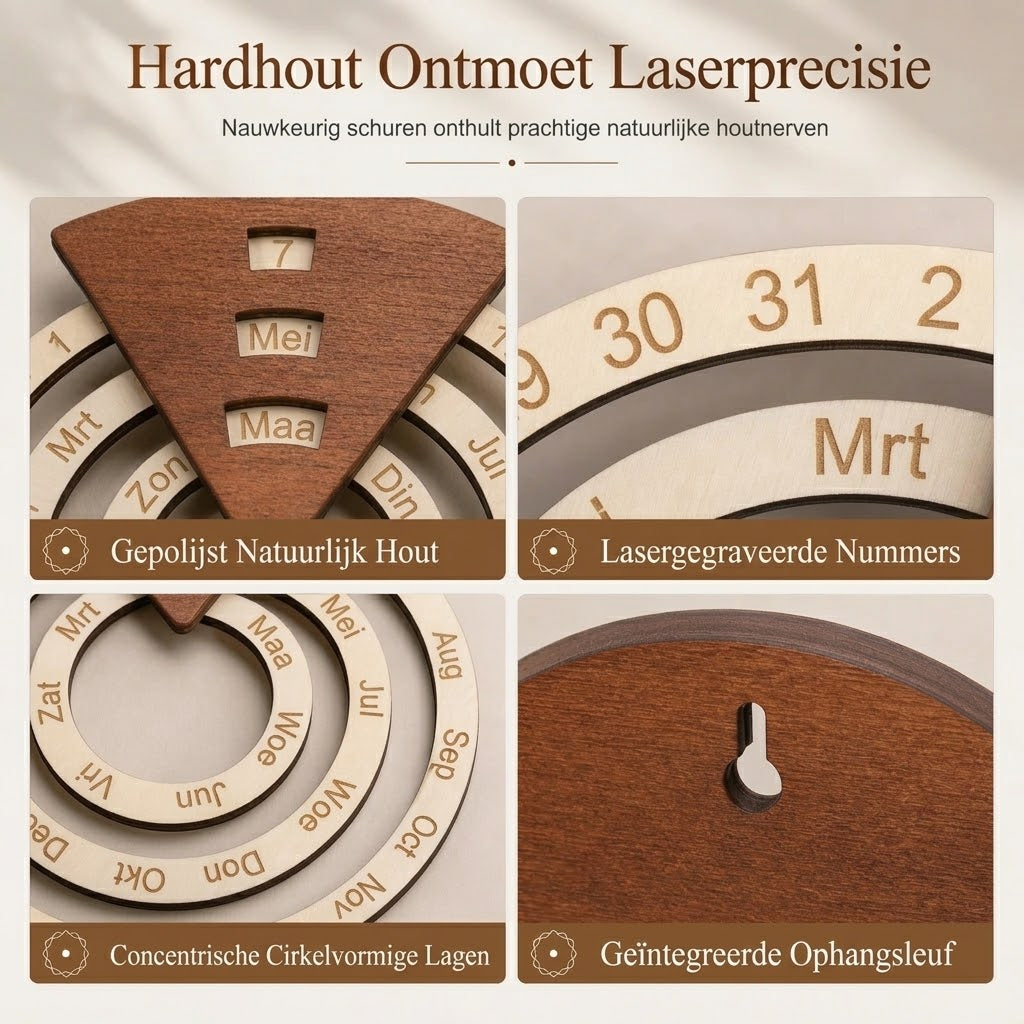 Ronde draaibare houten eeuwigdurende kalender