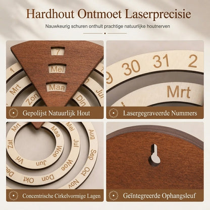 Ronde draaibare houten eeuwigdurende kalender