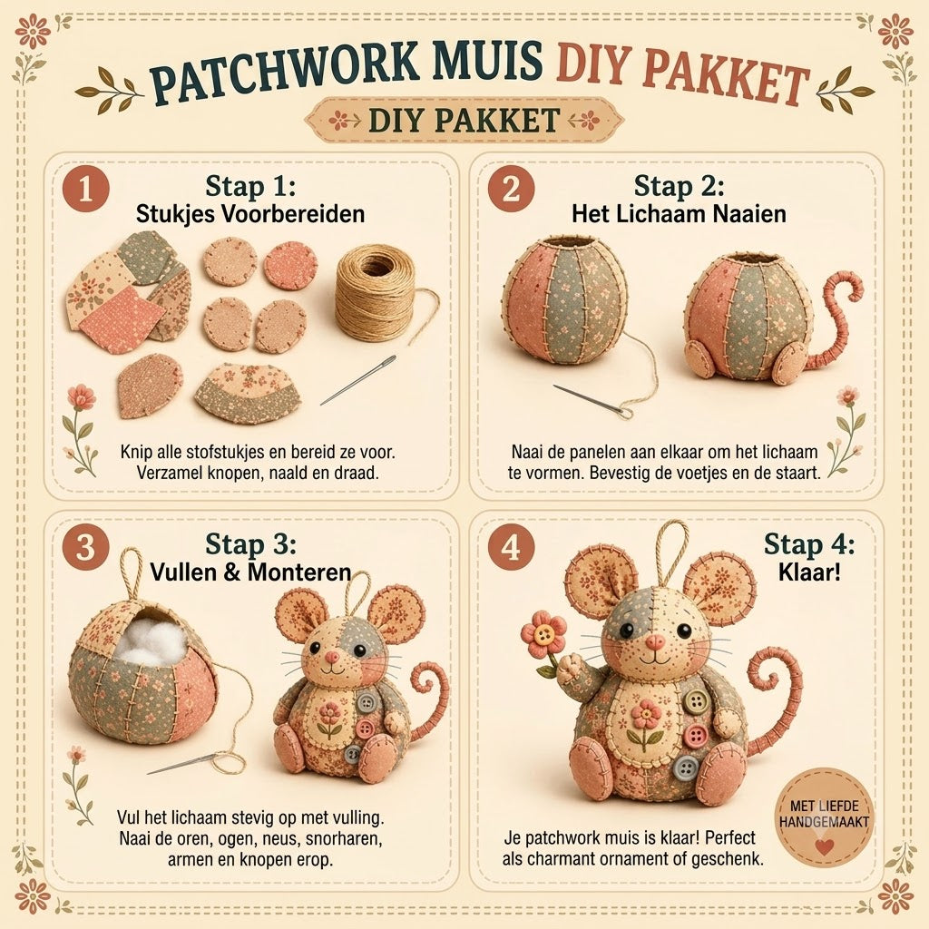 Complete DIY-set voor een patchworkmuis - Inclusief alle materialen