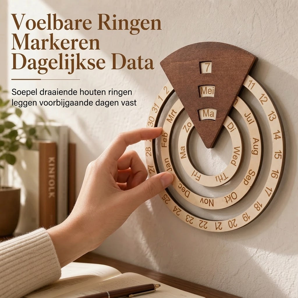 Ronde draaibare houten eeuwigdurende kalender