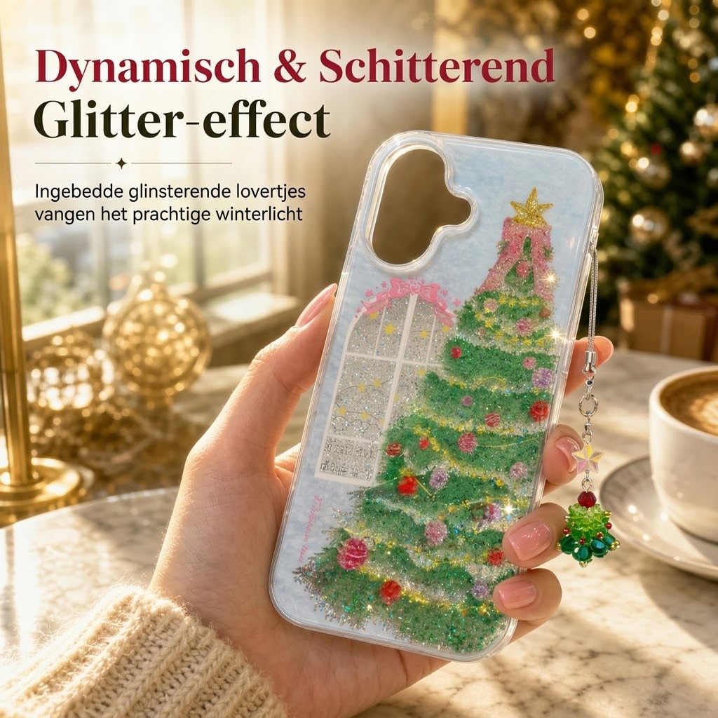 Glitterend telefoonhoesje met kerstboom