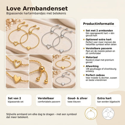 Bijpassende hartarmbandjes set met 14 karaats vergulding