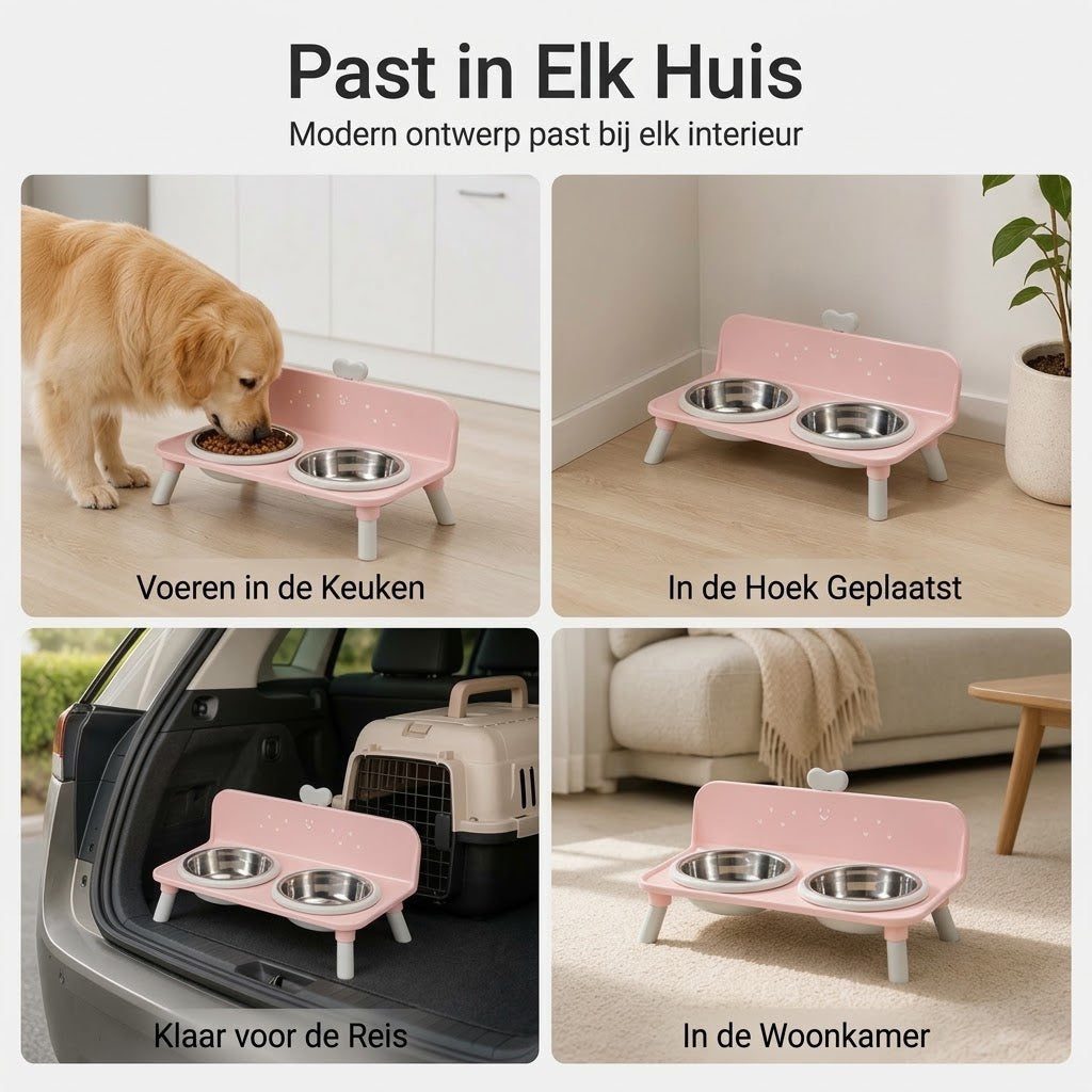 Verhoogde dubbele voerbak voor katten en honden met RVS bakjes