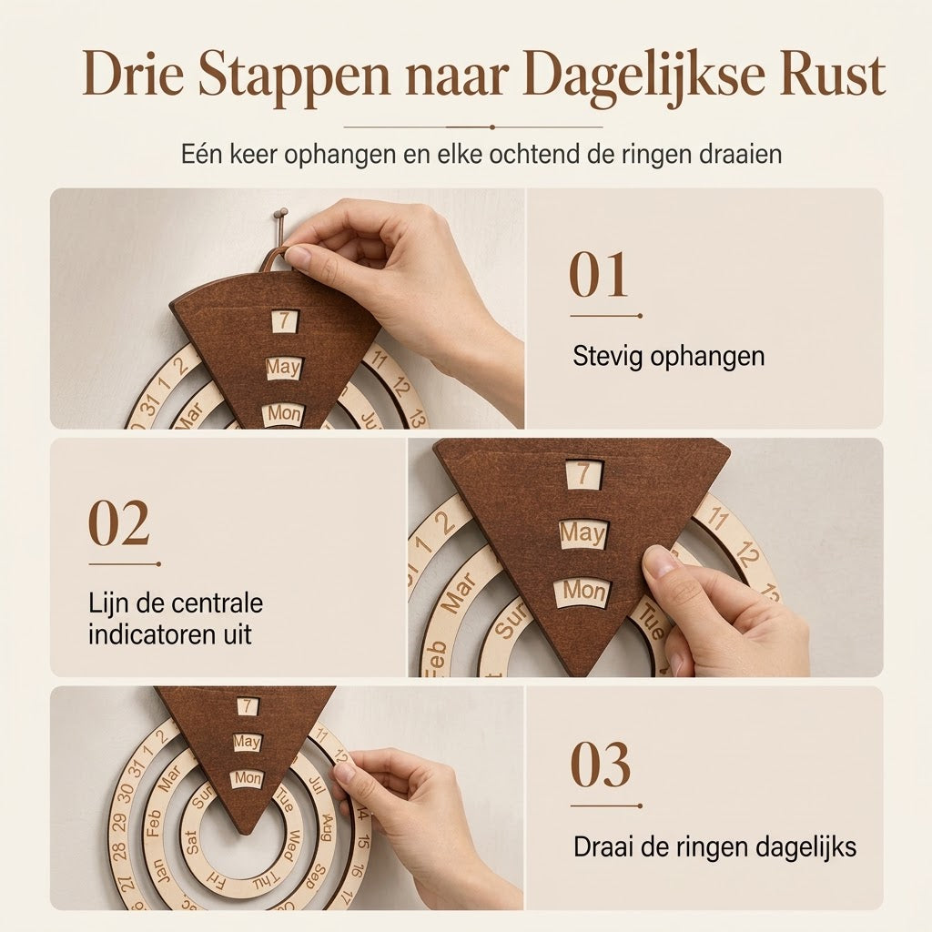 Ronde draaibare houten eeuwigdurende kalender