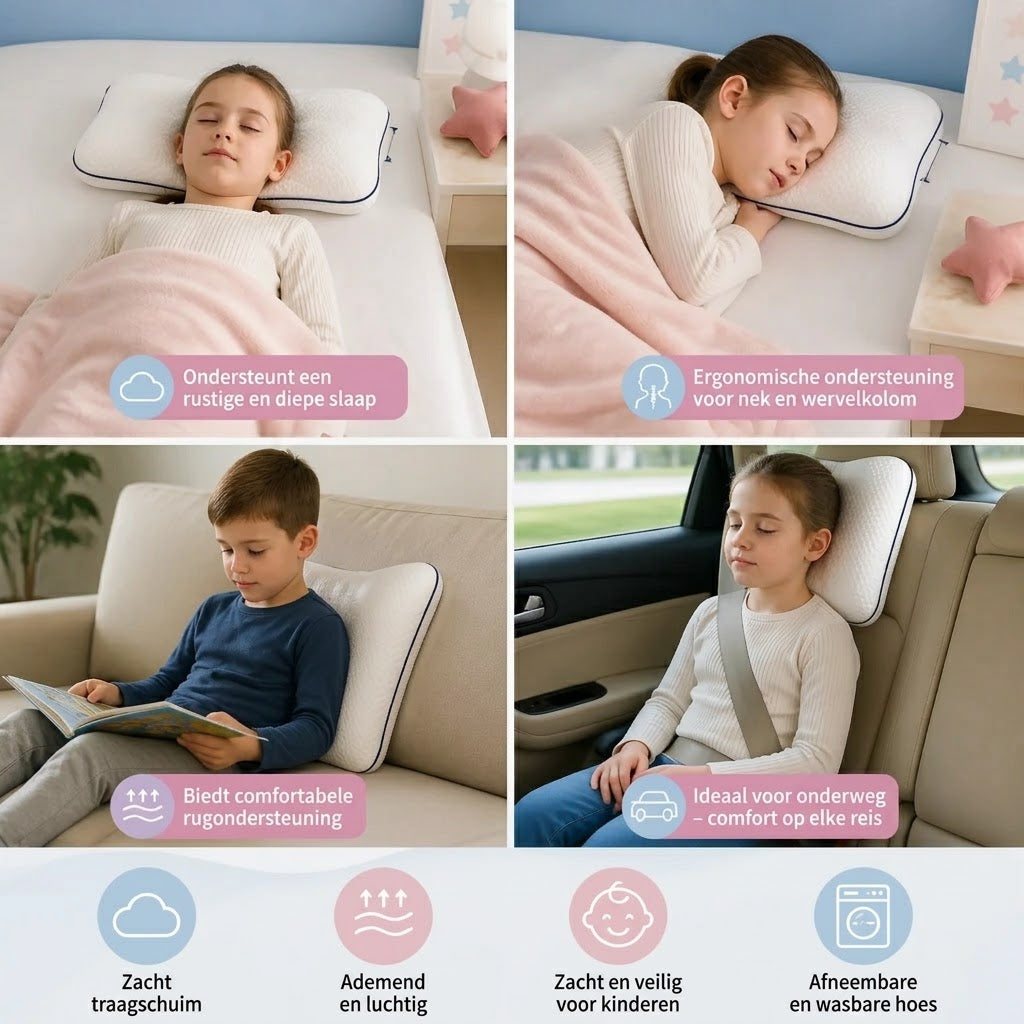 Ergonomisch kinderkussen van memory foam met nekondersteuning