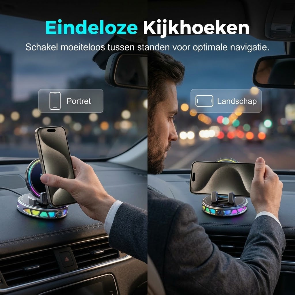 Autohouder met draadloos opladen 360 graden rotatie en RGB verlichting