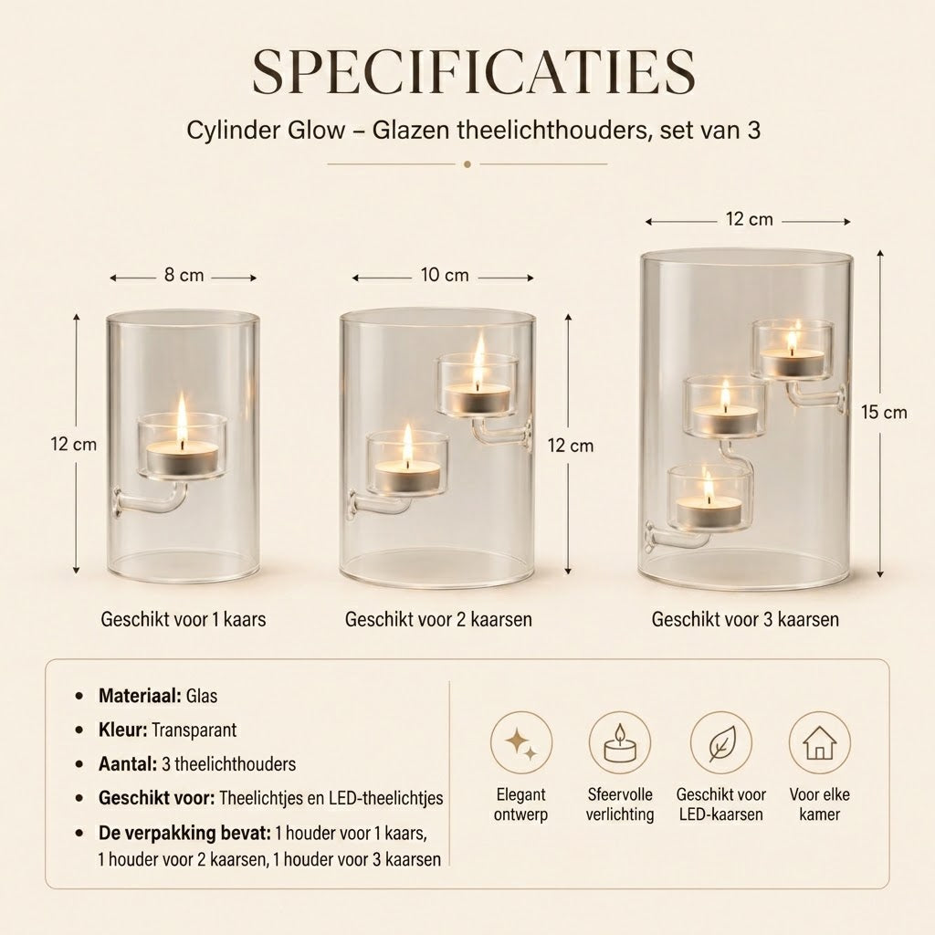 Glazen cilinder windlichten set van 3