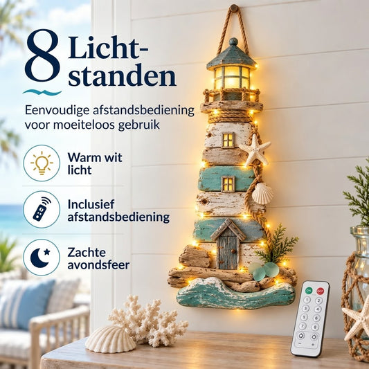 Drijfhout vuurtoren wanddecoratie in kuststijl