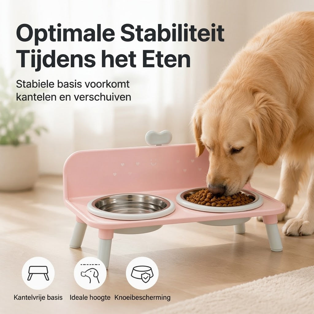 Verhoogde dubbele voerbak voor katten en honden met RVS bakjes