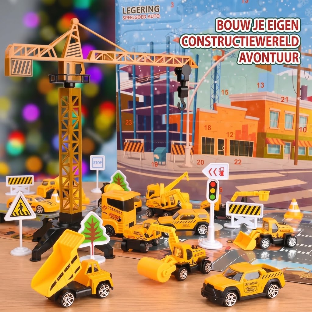 Bouwplaats adventskalender met 24 metalen mini bouwvoertuigen