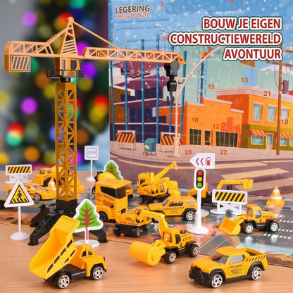 Bouwplaats adventskalender met 24 metalen mini bouwvoertuigen