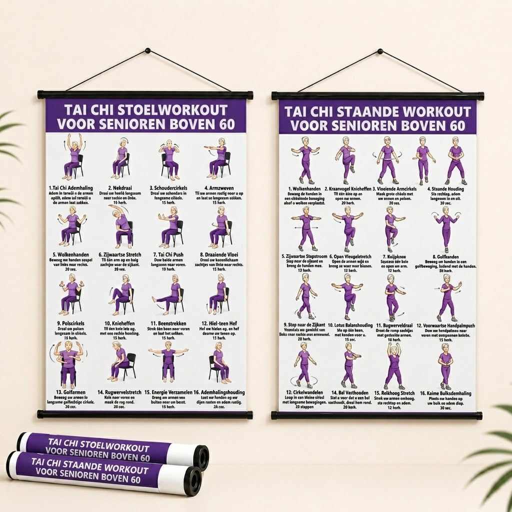 Tai chi stoeloefeningen posters voor senioren set van 2