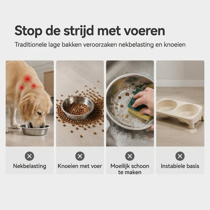 Verhoogde dubbele voerbak voor katten en honden met RVS bakjes