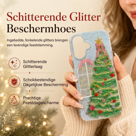 Glitterend telefoonhoesje met kerstboom
