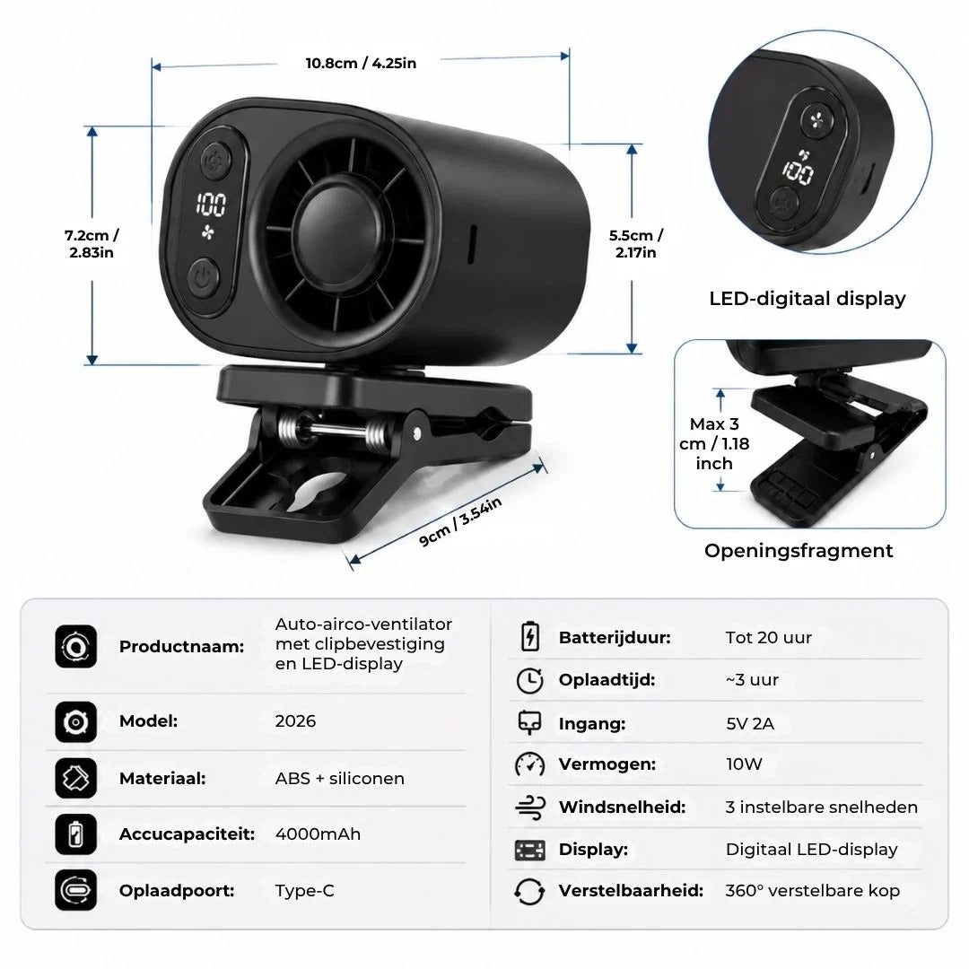 Oplaadbare autoventilator met clip