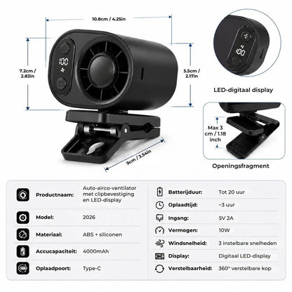 Oplaadbare autoventilator met clip