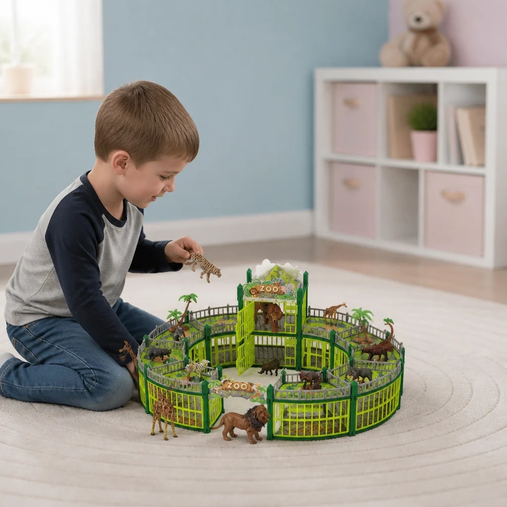 Modulaire dierentuin bouwset met dierenfiguren en interactieve kooien
