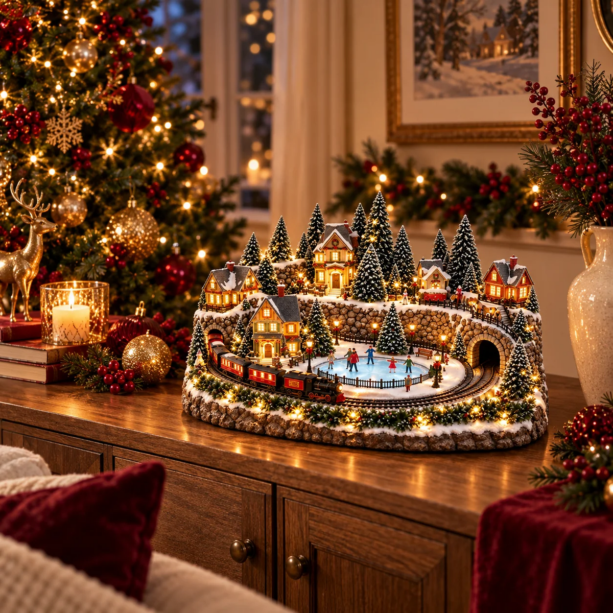 Kerstdecoratie met bewegende trein en ijsbaan