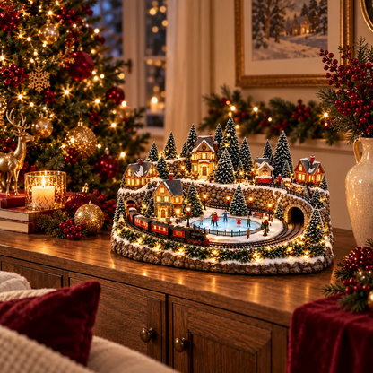 Kerstdecoratie met bewegende trein en ijsbaan