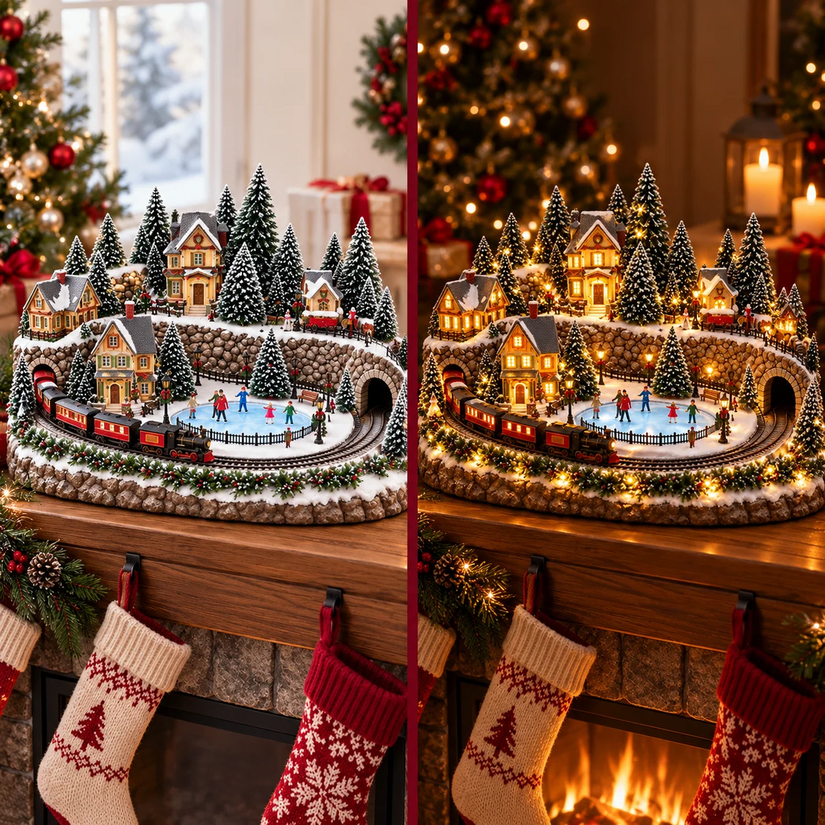 Kerstdecoratie met bewegende trein en ijsbaan