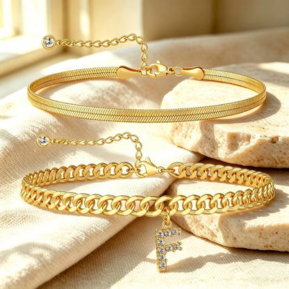 Gouden enkelbandjes met initiaal set van 2