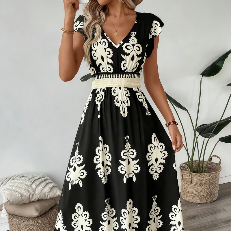 Elegante Jurk met V-hals & Barokprint