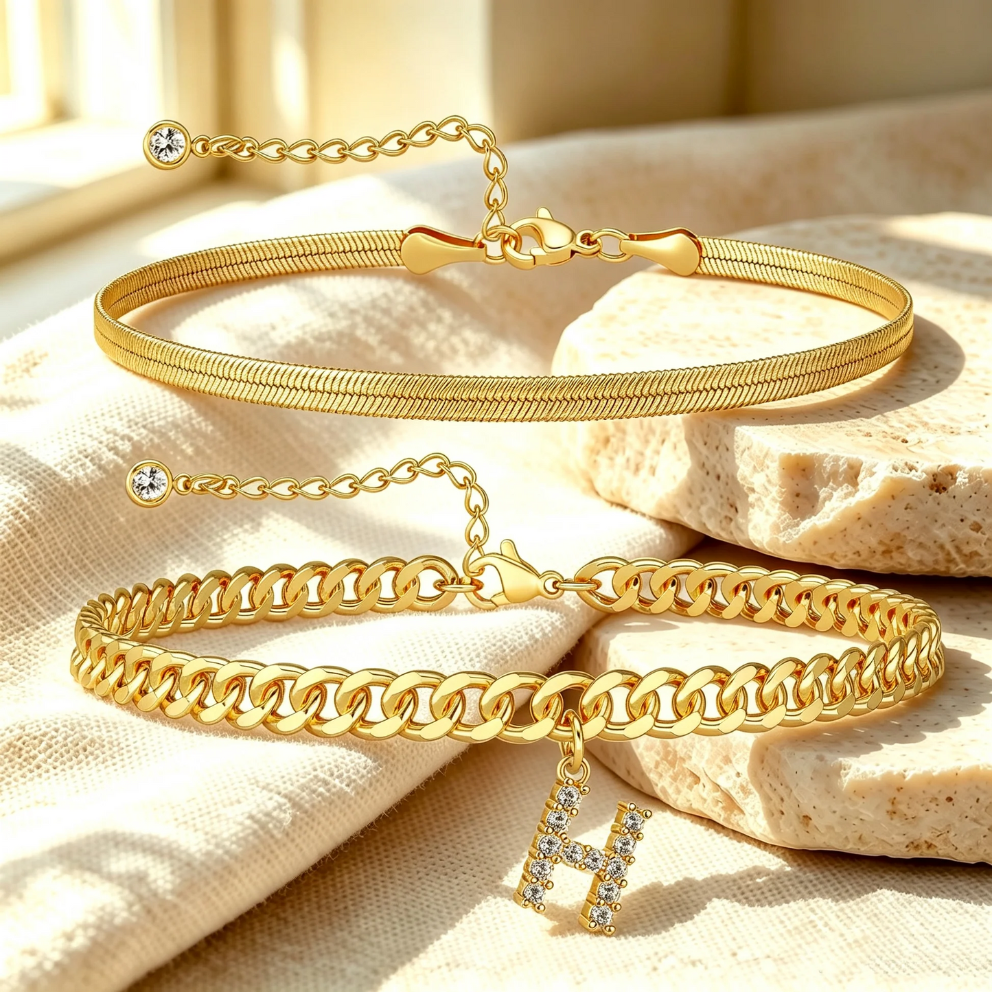 Gouden enkelbandjes met initiaal set van 2