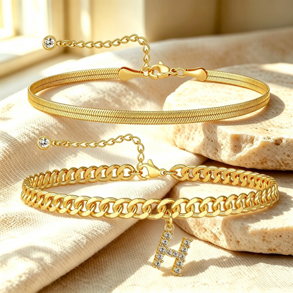 Gouden enkelbandjes met initiaal set van 2