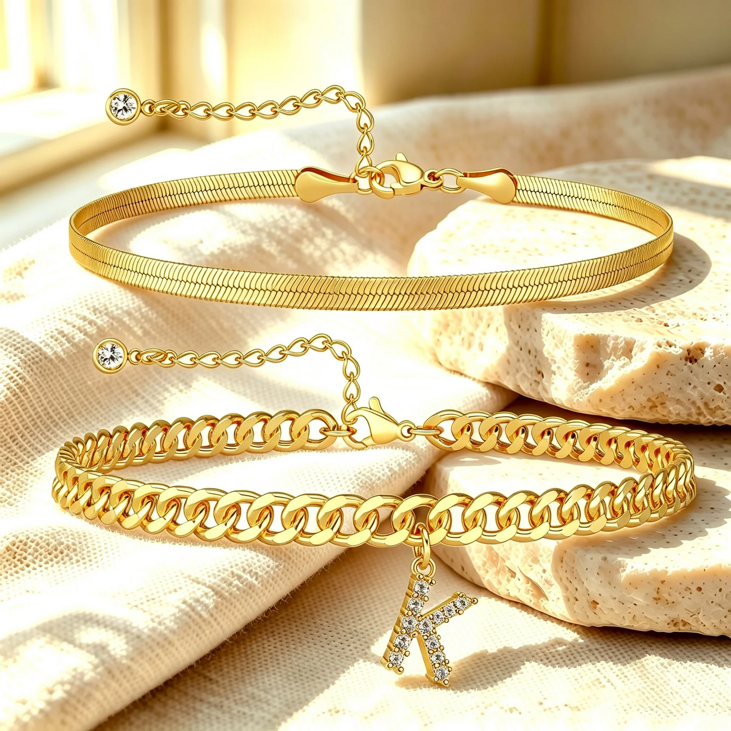 Gouden enkelbandjes met initiaal set van 2