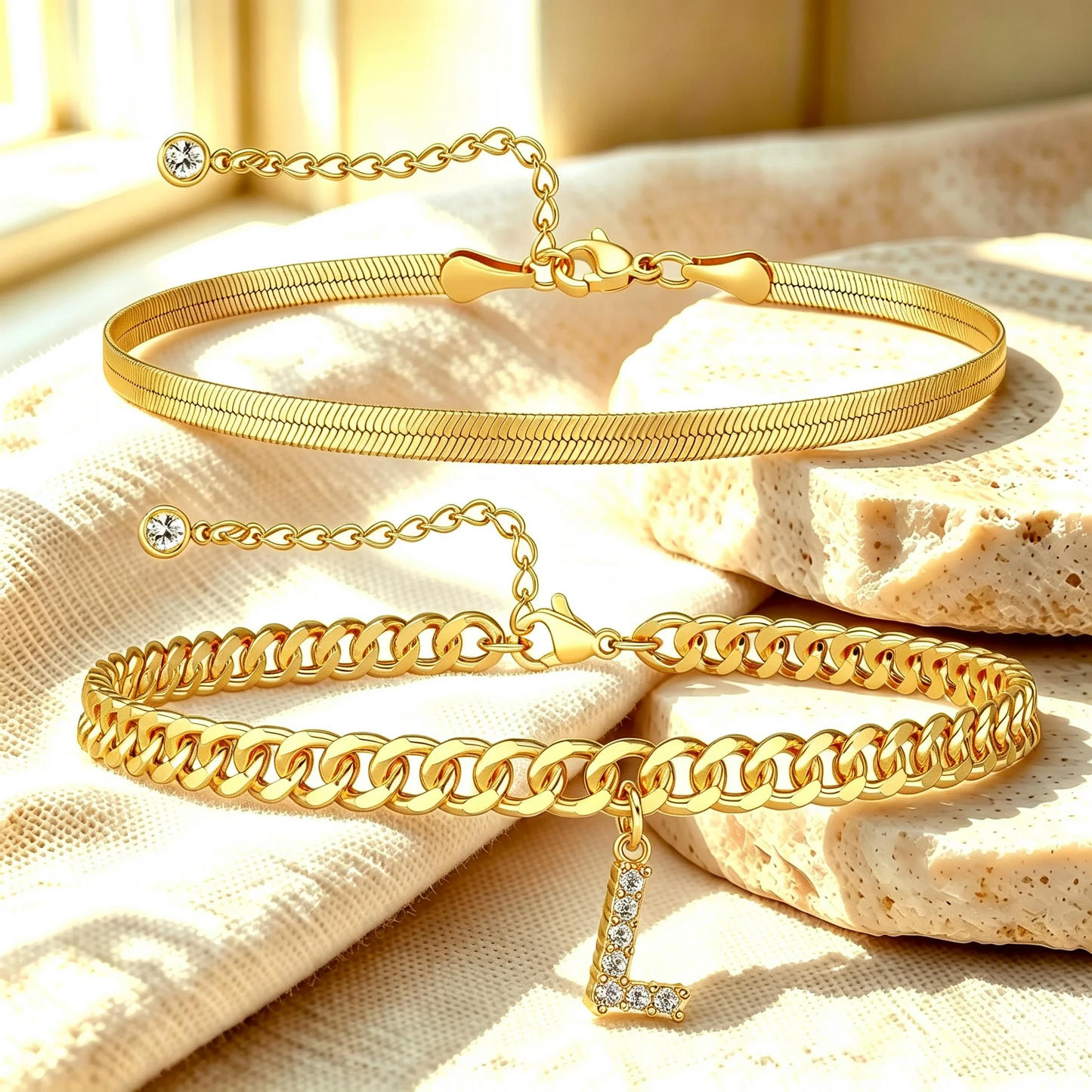 Gouden enkelbandjes met initiaal set van 2