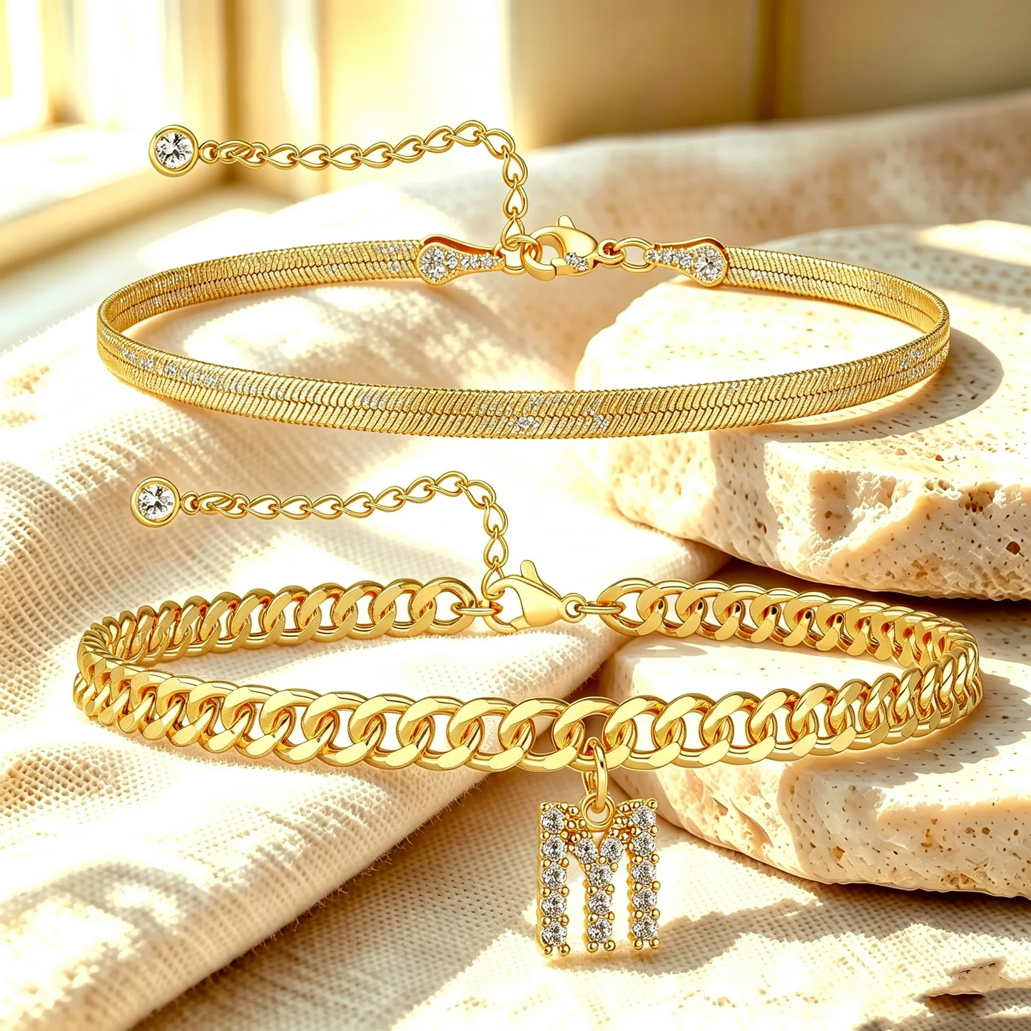 Gouden enkelbandjes met initiaal set van 2