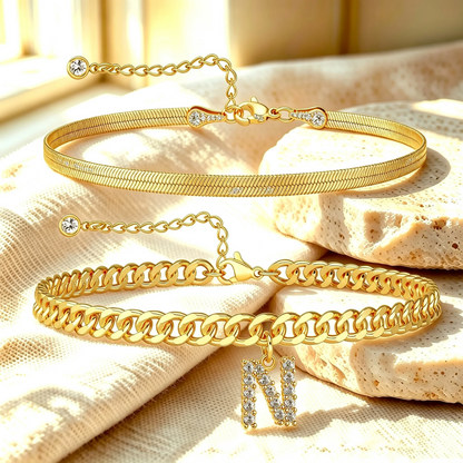 Gouden enkelbandjes met initiaal set van 2