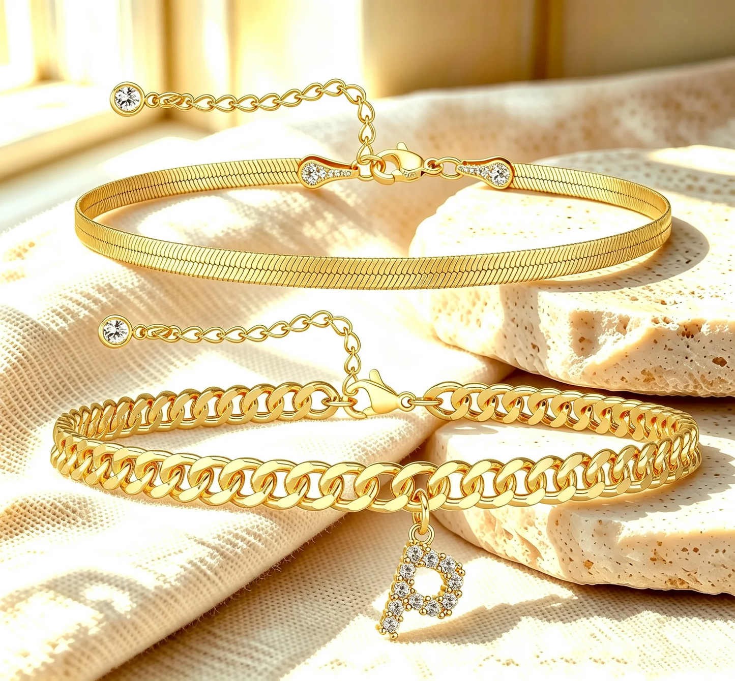 Gouden enkelbandjes met initiaal set van 2