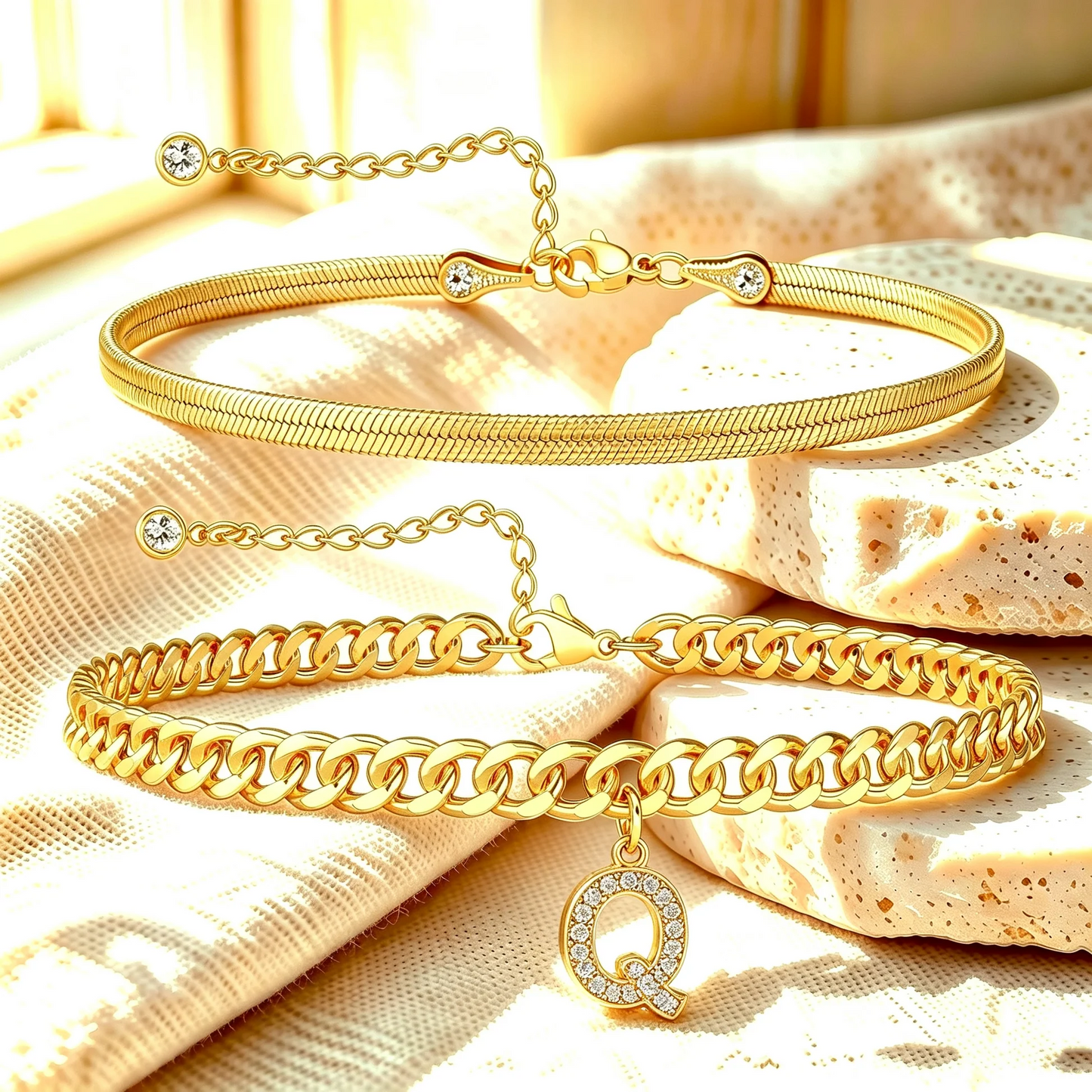 Gouden enkelbandjes met initiaal set van 2
