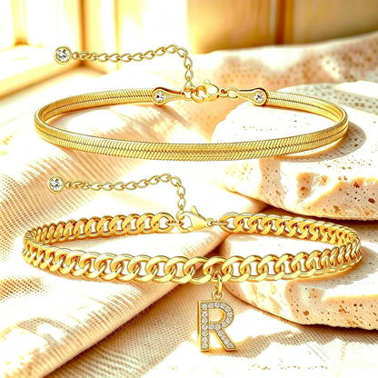 Gouden enkelbandjes met initiaal set van 2
