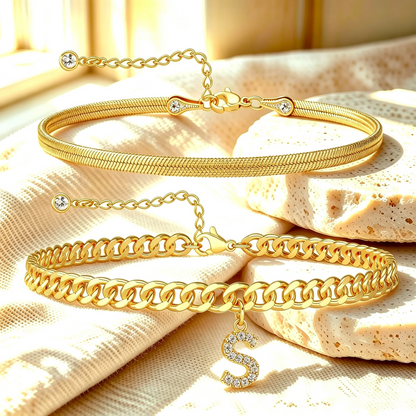 Gouden enkelbandjes met initiaal set van 2